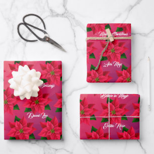 Merry Christmas Poinsettia Flower on Pink Mauve Wrapping Paper Sheet