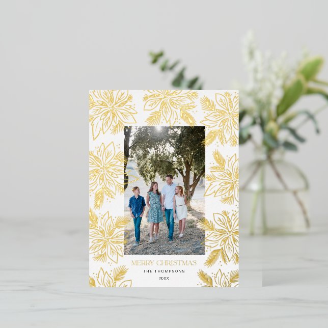 Merry Christmas Poinsettia Flower White Foil Holiday Postcard (Standing Front)