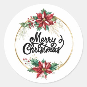 Merry Christmas Poinsettia Flower Wreath Classic Round Sticker