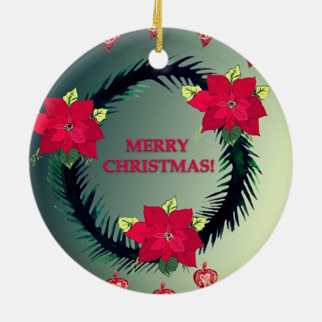 Merry Christmas, Poinsettia Flowers Ceramic Tree Decoration (Back)