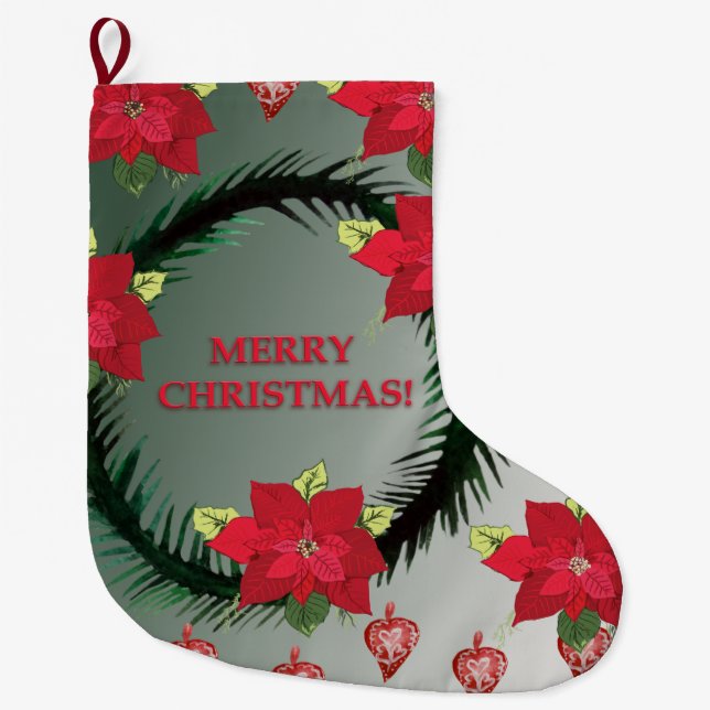 Merry Christmas Poinsettia Flowers Large Christmas Stocking (Front)