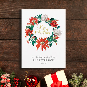 Merry Christmas Poinsettia Flowers Wreath Card