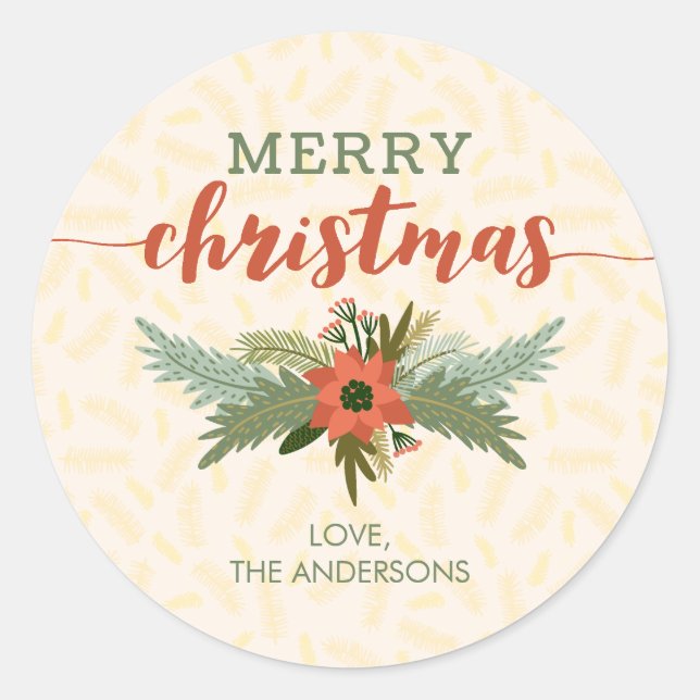 Merry Christmas Poinsettia Foliage Holiday Gift Classic Round Sticker (Front)