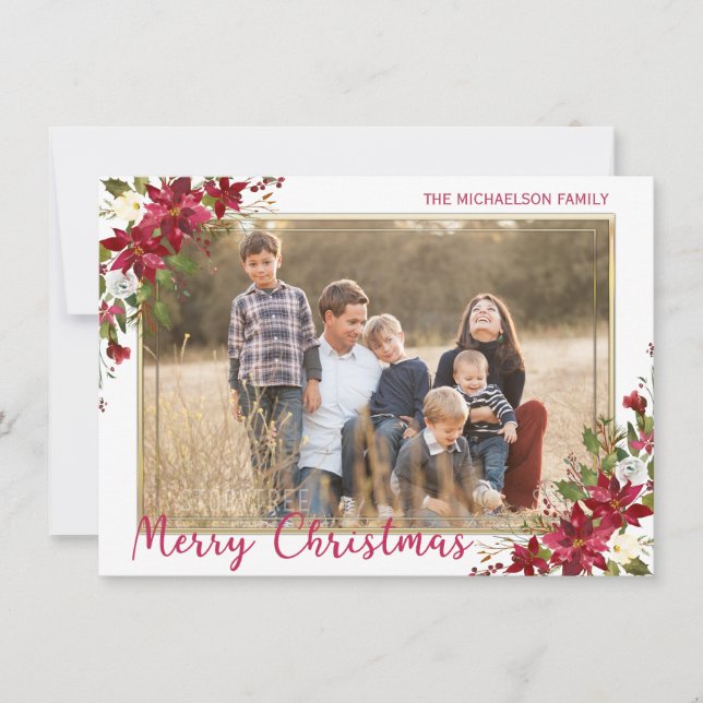 Merry Christmas Poinsettia Gold Photo Holiday Card (Front)