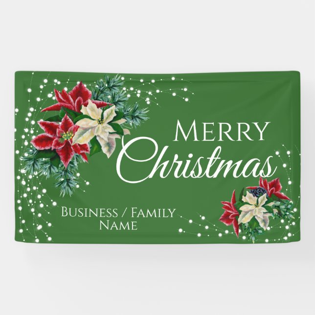 Merry Christmas Poinsettia Green Personalised Banner (Horizontal)