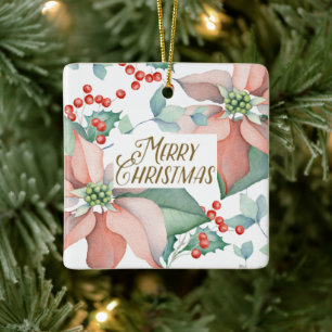 Merry Christmas Poinsettia Holly Watercolor Floral Ceramic Ornament