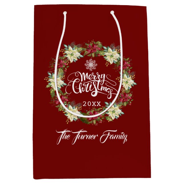 Merry Christmas Poinsettia Monogram Christmas Medium Gift Bag (Front)