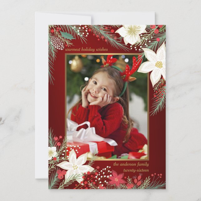 Merry Christmas Poinsettia & Pine Flat Photo Card (Front)