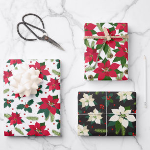 Merry Christmas Poinsettia Red Holly Green White  Wrapping Paper Sheet