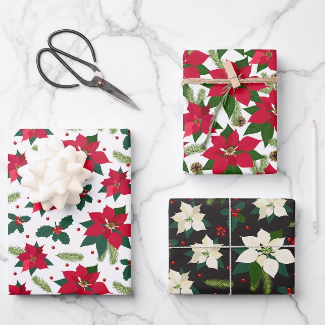 Merry Christmas Poinsettia Red Holly Green White  Wrapping Paper Sheet (Front)
