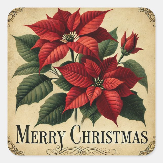 MERRY CHRISTMAS POINSETTIA VINTAGE SQUARE STICKER (Front)
