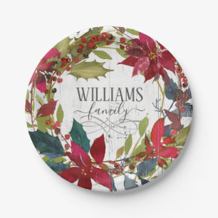 Merry Christmas Poinsettia Watercolor Floral Name Paper Plate