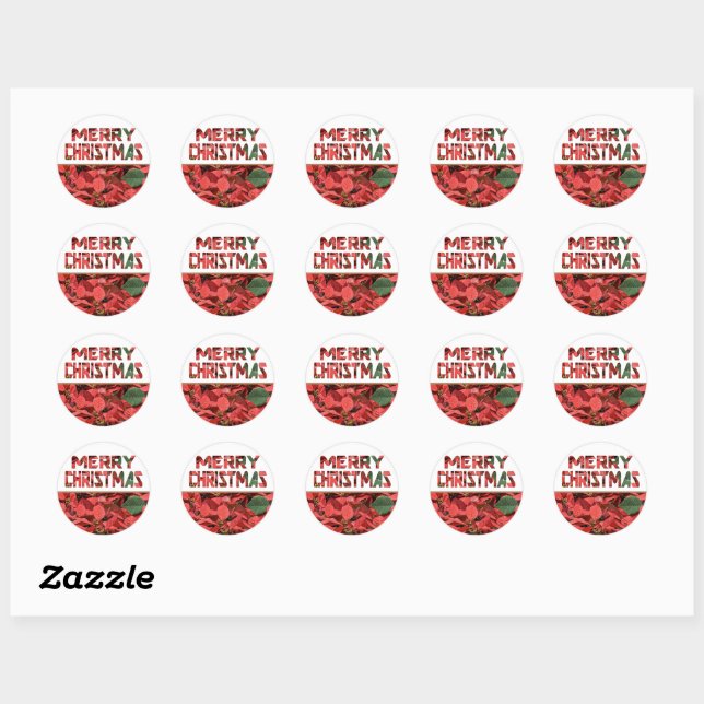 Merry Christmas Poinsettia Word Art Classic Round Sticker (Sheet)