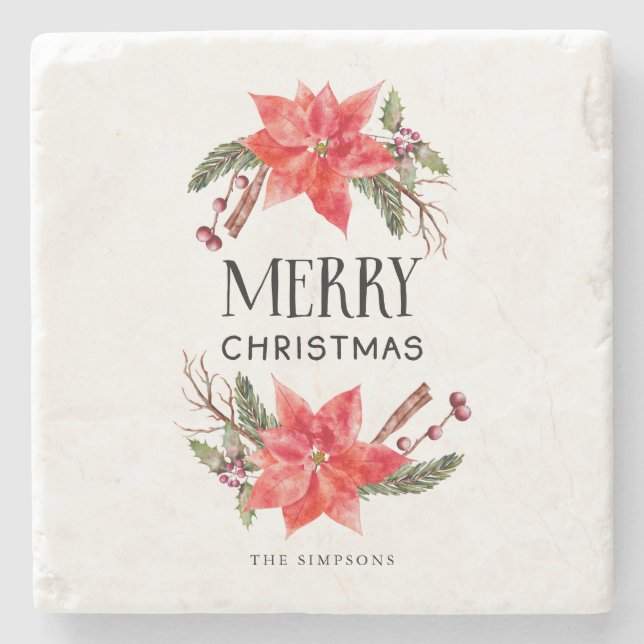 Merry Christmas Poinsettia Wreath Family Stone Coaster (Front)