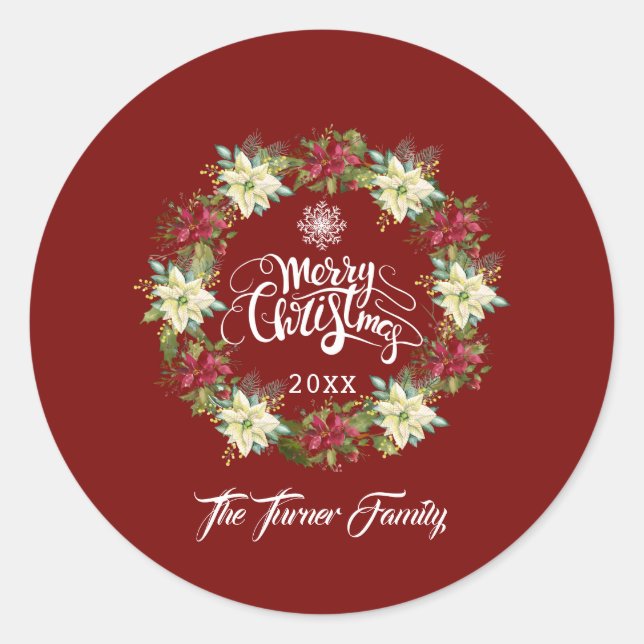 Merry Christmas Poinsettia Wreath Monogram Classic Round Sticker (Front)