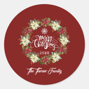 Merry Christmas Poinsettia Wreath Monogram Classic Round Sticker