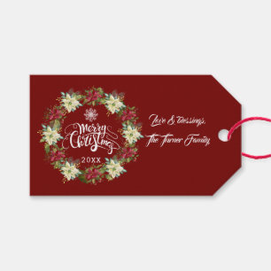 Merry Christmas Poinsettia Wreath Monogram Gift Tags