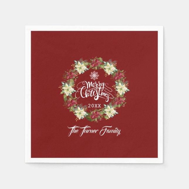 Merry Christmas Poinsettia Wreath Monogram Napkin (Front)