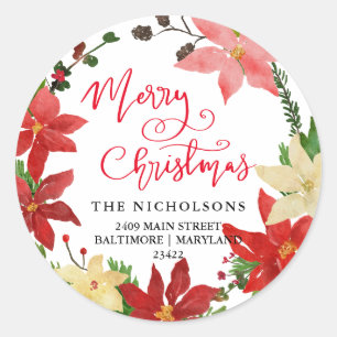 Merry Christmas Poinsettia Wreath Return Address   Classic Round Sticker