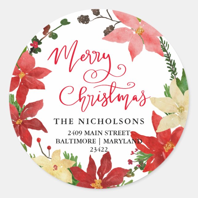 Merry Christmas Poinsettia Wreath Return Address   Classic Round Sticker (Front)