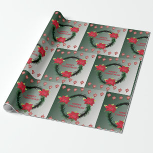Merry Christmas Poinsettia Wreath Wrapping Paper