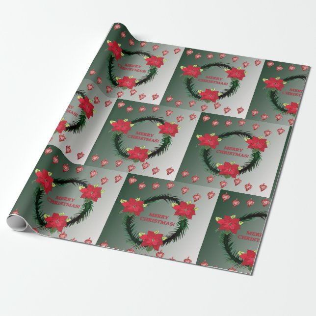 Merry Christmas Poinsettia Wreath Wrapping Paper (Unrolled)