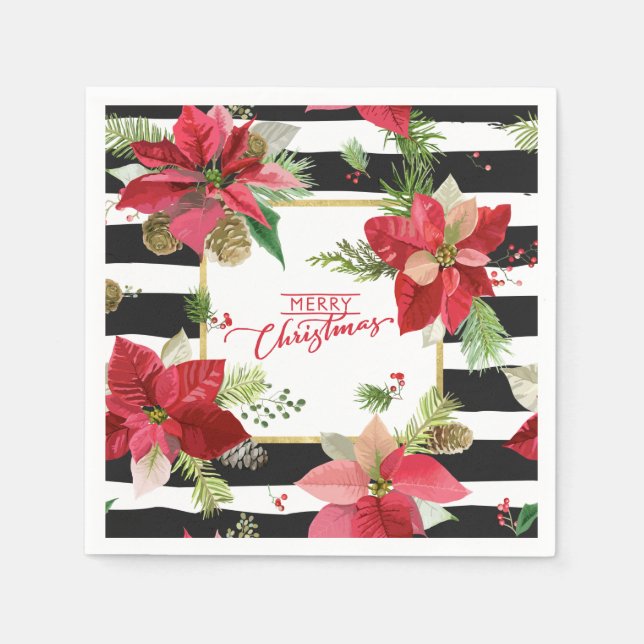 Merry Christmas Poinsettias, Black Stripe Napkins (Front)