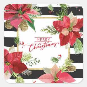 Merry Christmas Poinsettias, Black Stripe Stickers