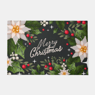 Merry Christmas Poinsettias Doormat