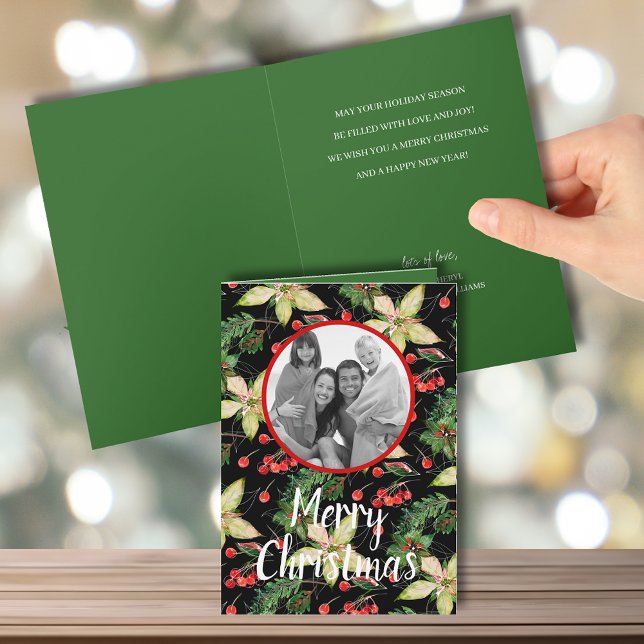 Merry Christmas Poinsettias Folded Holiday Photo Card (Creator Uploaded)