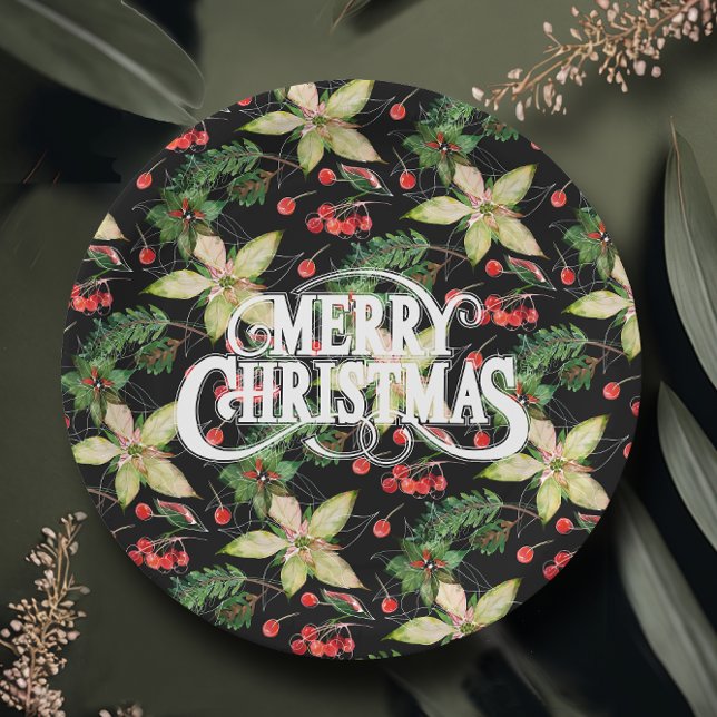 Merry Christmas Poinsettias Holiday Paper Plate (Creator Uploaded)