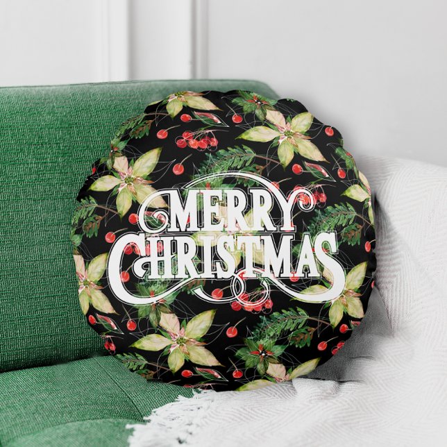 Merry Christmas Poinsettias Holiday Round Cushion (Creator Uploaded)