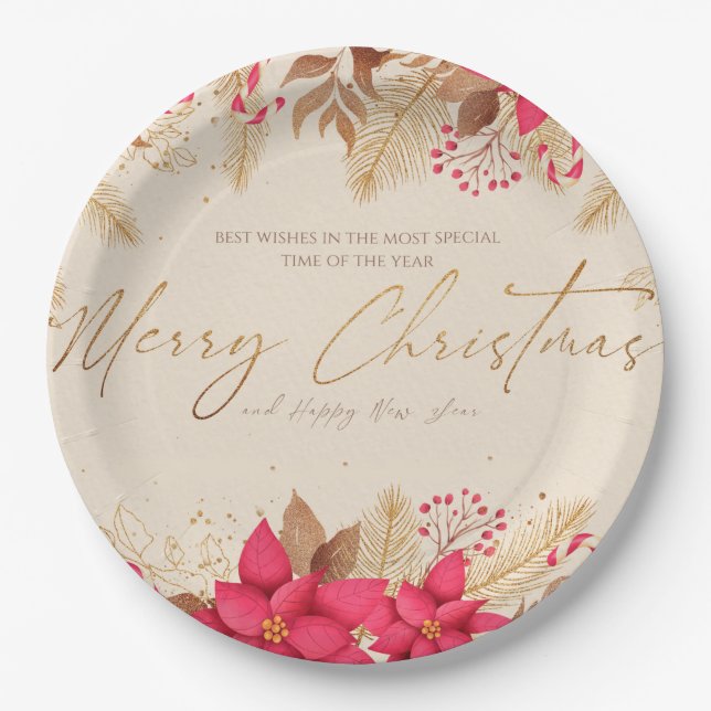 Merry Christmas Poinsettias  Paper Plate (Front)