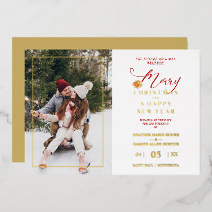 Merry Christmas Poinsettias Wreath Photo Wedding Foil Holiday Card