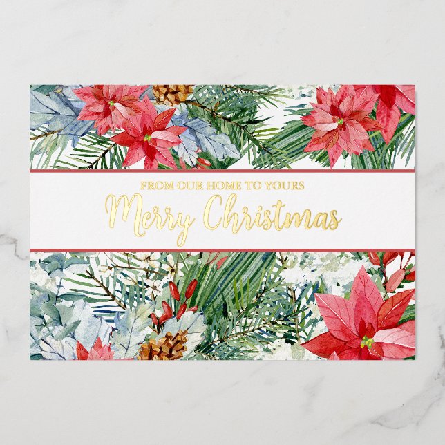 Merry Christmas Pointsettia Pine Foil Holiday Card (Front)
