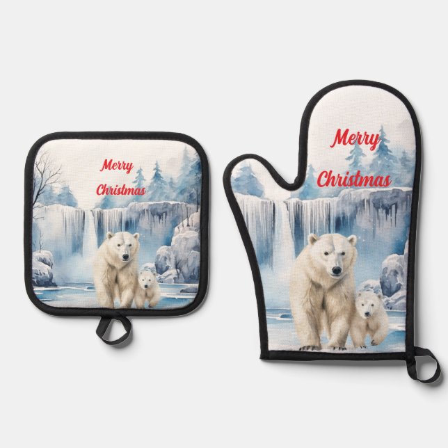 Merry Christmas Polar Bears Oven Mitt & Pot Holder Set (Front)
