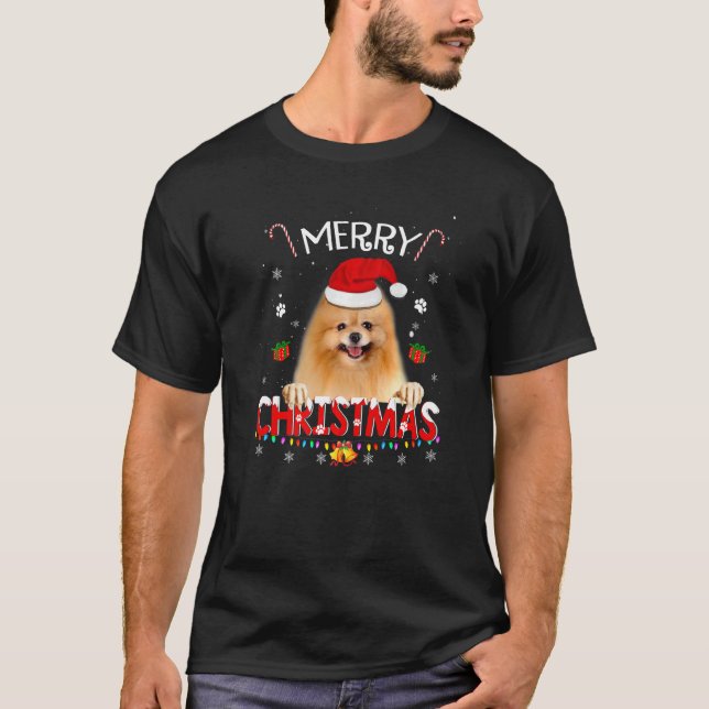Merry Christmas Pomeranian Dog Santa Hat Lights Xm T-Shirt (Front)