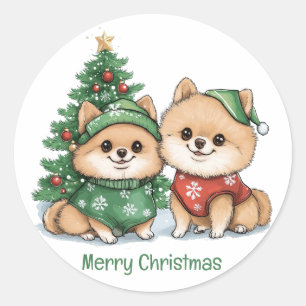 Merry Christmas Pomeranian Dogs Classic Round Sticker