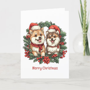 Merry Christmas Pomeranian Dogs Mistletoe Wreath Holiday Card