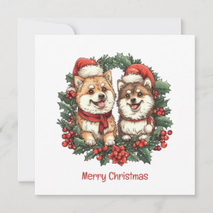 Merry Christmas Pomeranian Dogs Mistletoe Wreath Holiday Card