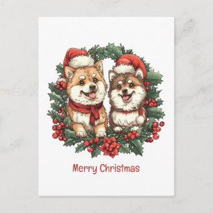 Merry Christmas Pomeranian Dogs Mistletoe Wreath Holiday Postcard