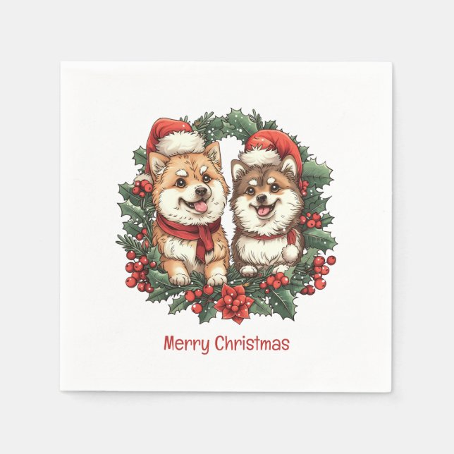 Merry Christmas Pomeranian Dogs Mistletoe Wreath Napkin (Front)