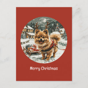 Merry Christmas Pomeranian Reindeer Dog Postcard