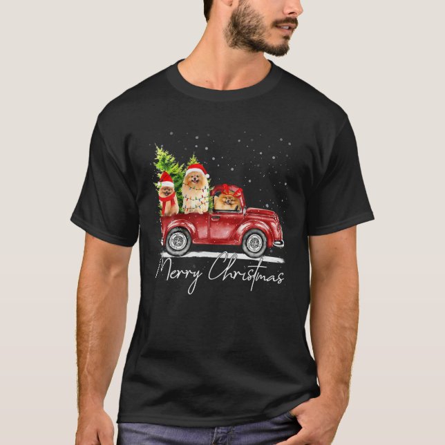 Merry Christmas Pomeranian Santa Red Truck Xmas Re T-Shirt (Front)