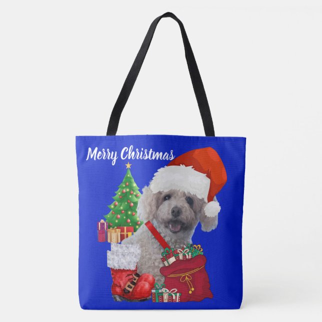 Merry Christmas Poodle Blue Ladies Shoulder Tote Bag (Front)