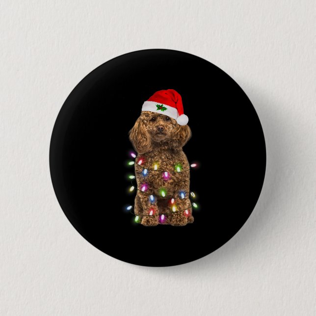 Merry Christmas Poodle Santa Hat Lights Xmas   6 Cm Round Badge (Front)