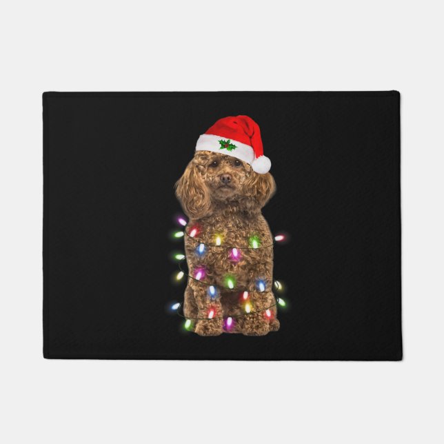 Merry Christmas Poodle Santa Hat Lights Xmas   Doormat (Front)
