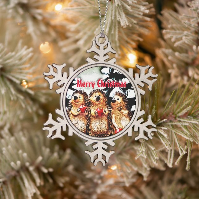 Merry Christmas Porcupine Snowflake Pewter Christmas Ornament (Tree)