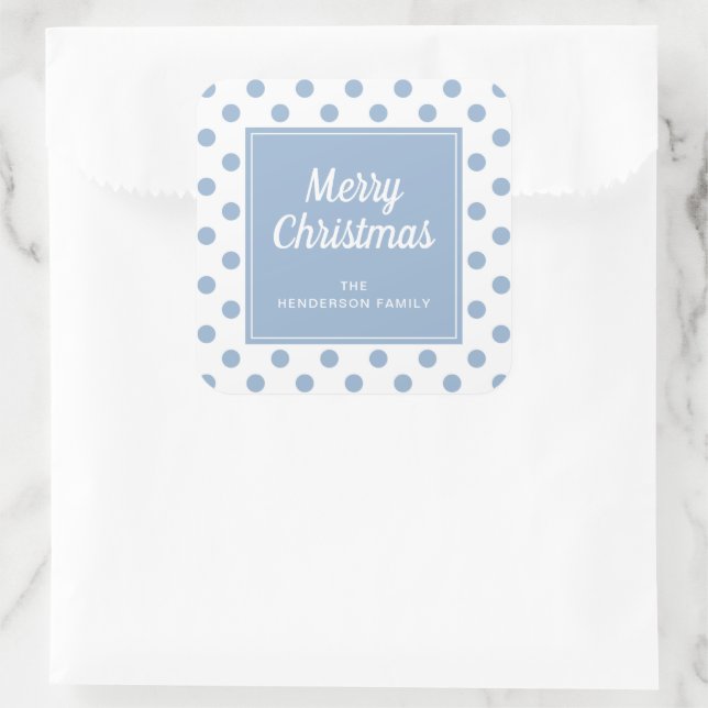 Merry Christmas Powder Blue Polka Dots Square Sticker (Bag)