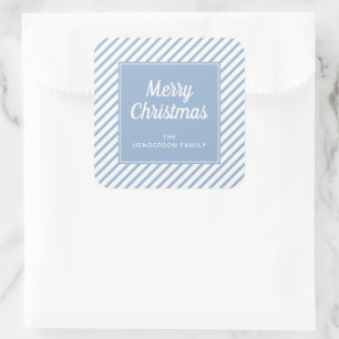 Merry Christmas Powder Blue White Stripes Square Sticker